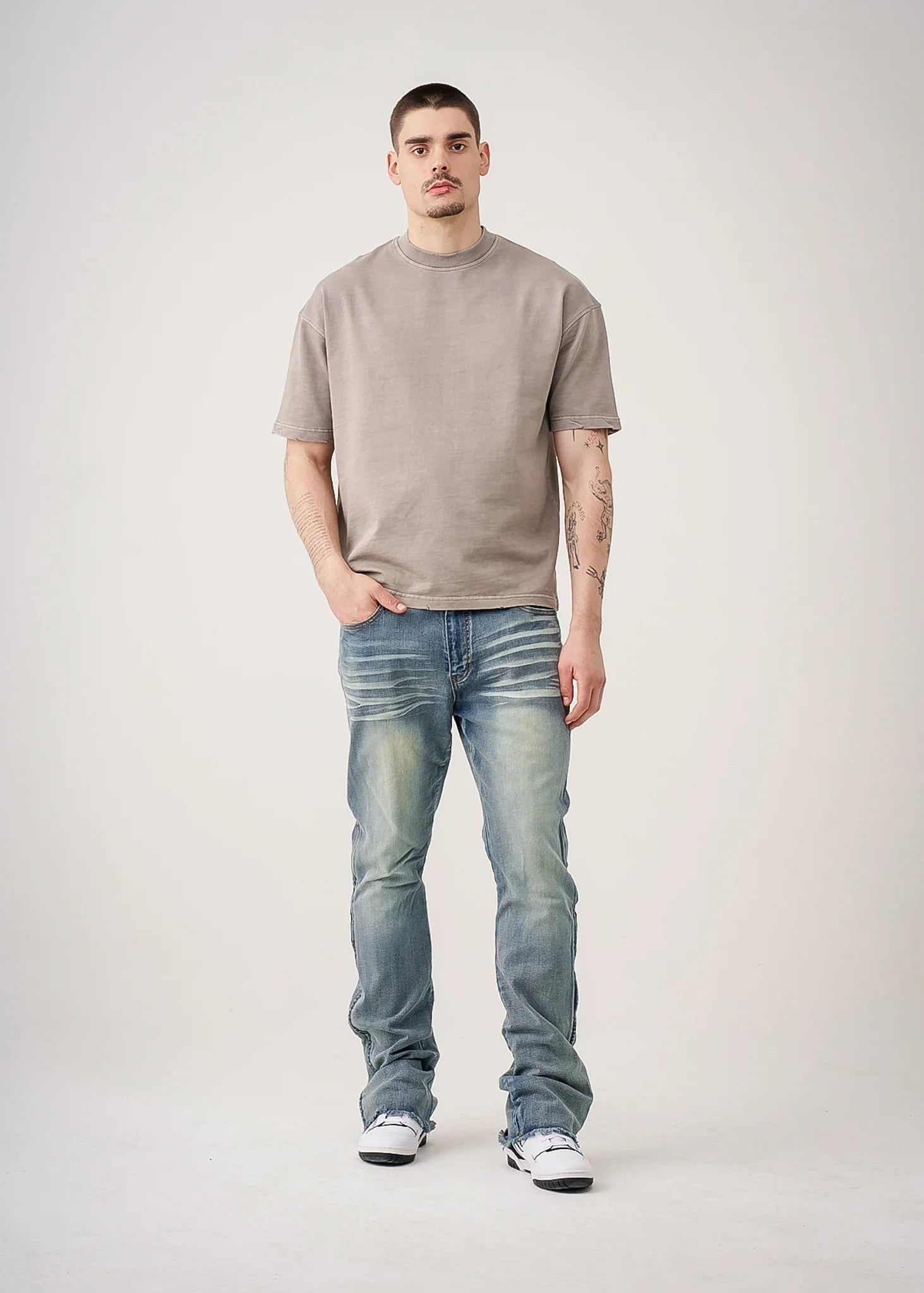10 OZ Gray Oversized Garment Dye French Terry Distressed T-Shirt