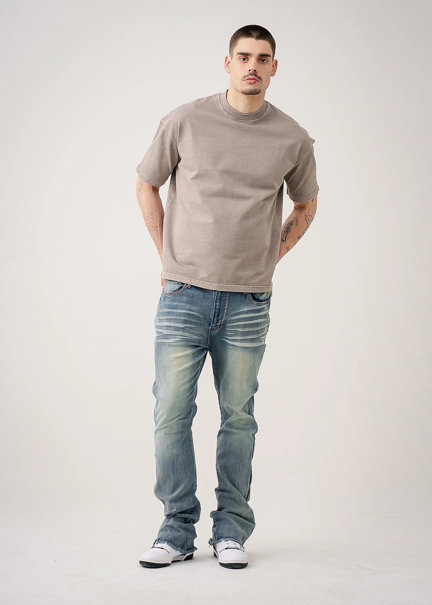 10 OZ Gray Oversized Garment Dye French Terry Distressed T-Shirt