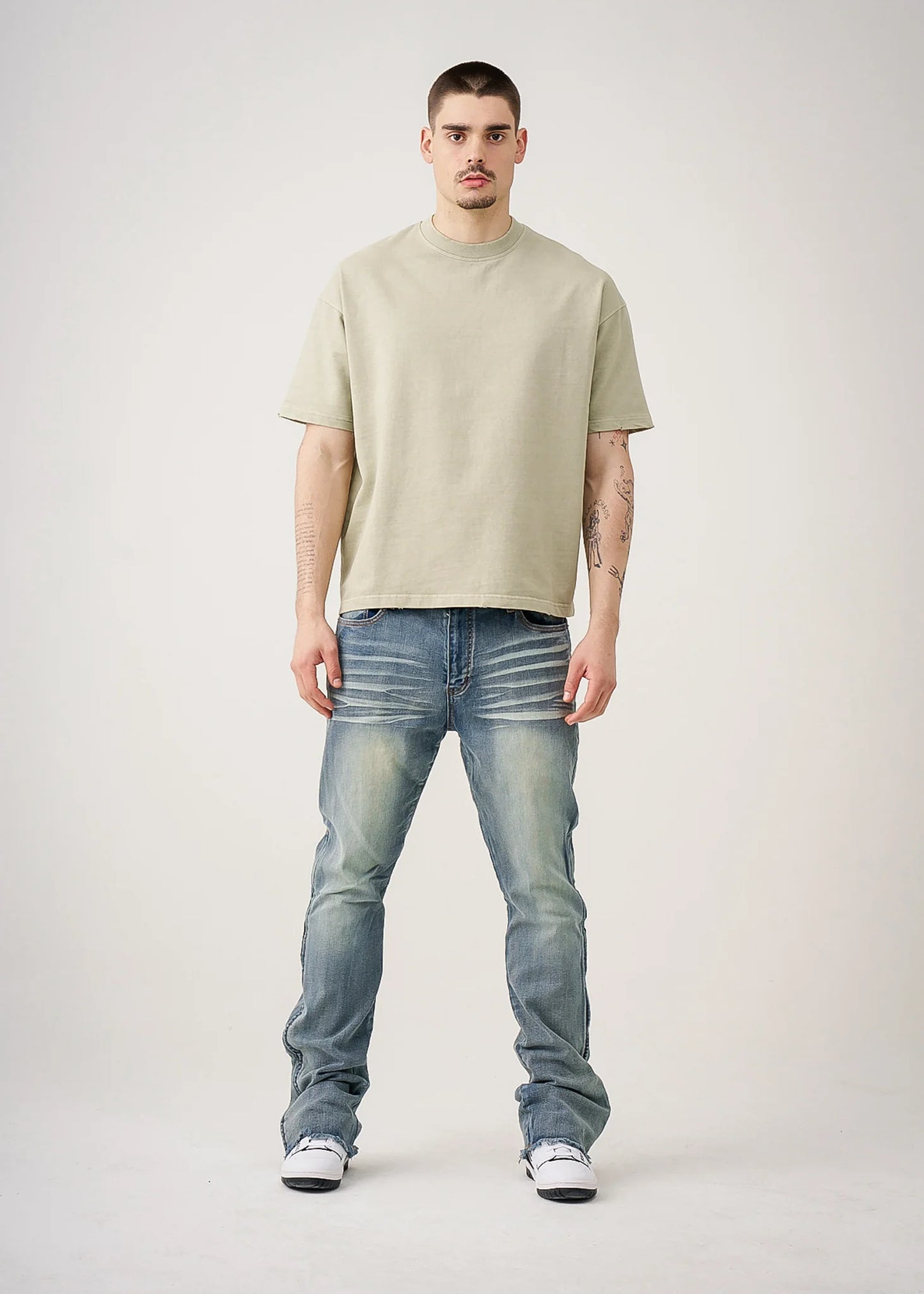 Khaki 10 oz Oversized Garment Dye French Terry Distressed T-Shirt