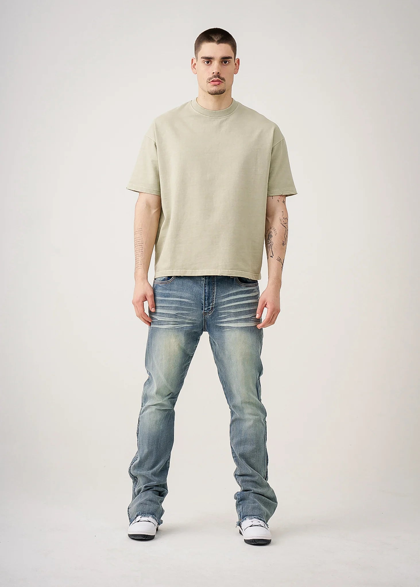 10 OZ Khaki Oversized Garment Dye French Terry Distressed T-Shirt