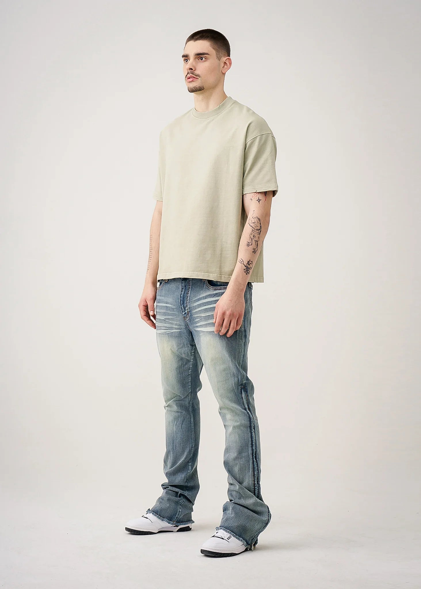 10 OZ Khaki Oversized Garment Dye French Terry Distressed T-Shirt
