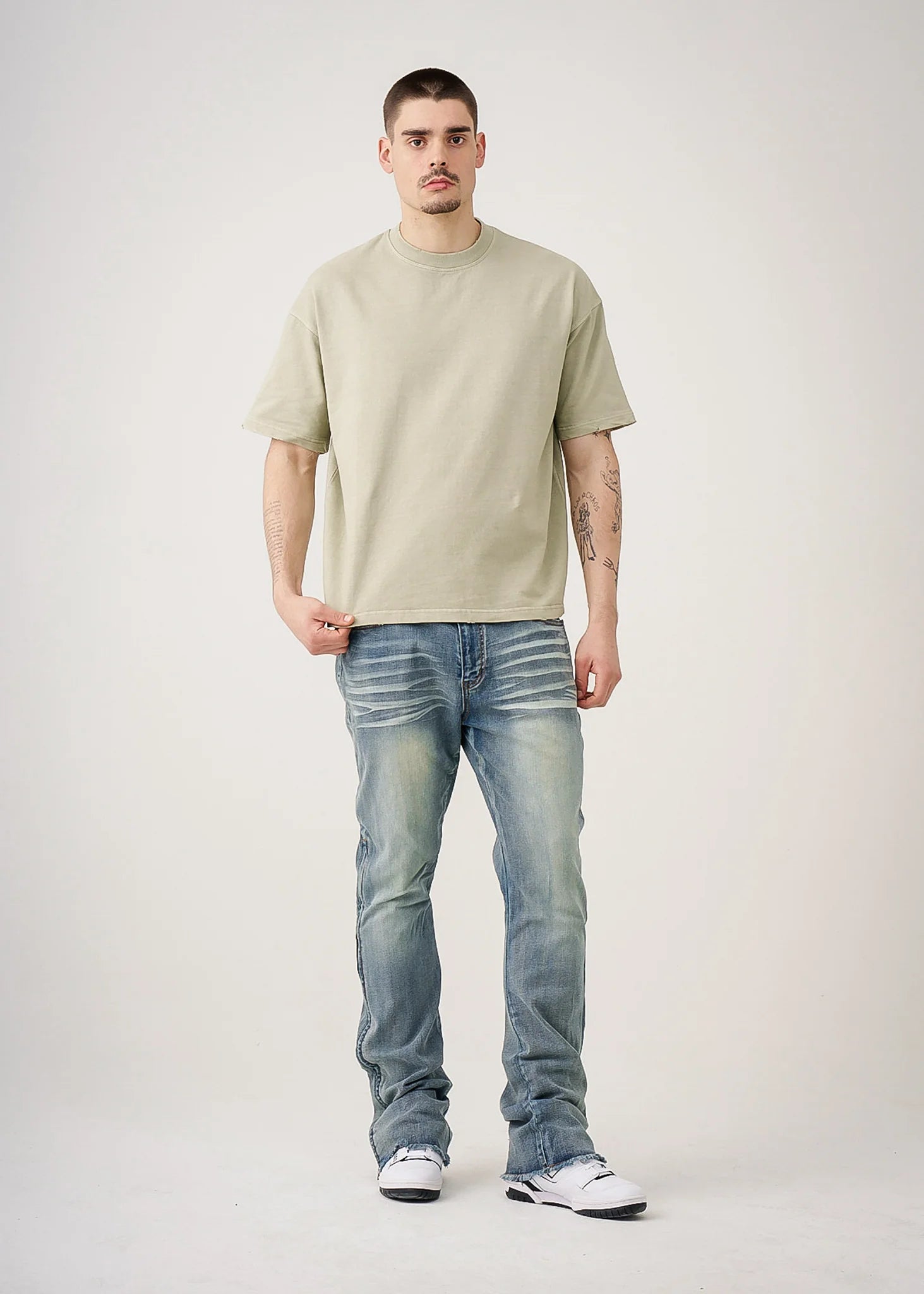 10 OZ Khaki Oversized Garment Dye French Terry Distressed T-Shirt