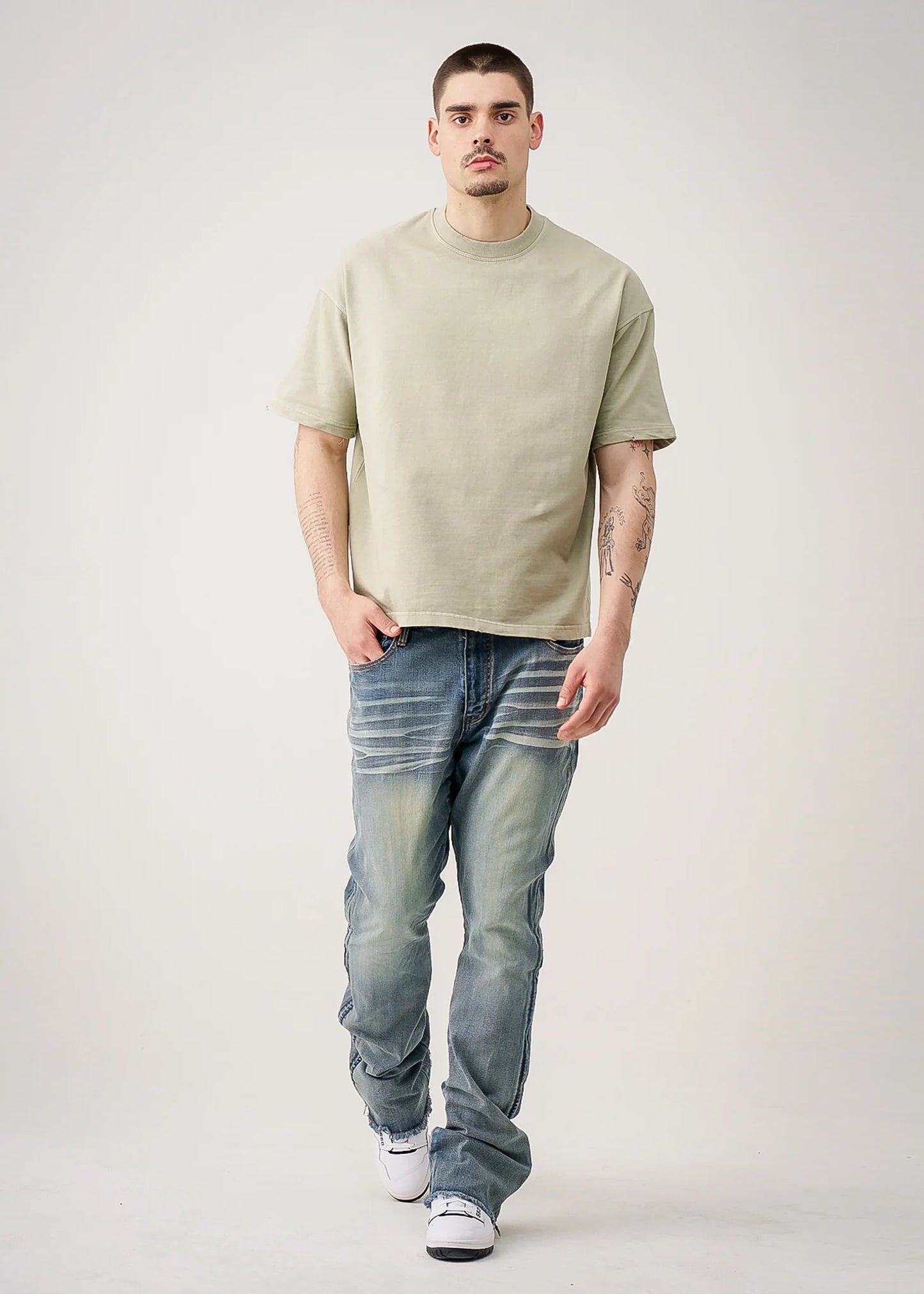 Khaki 10 oz Oversized Garment Dye French Terry Distressed T-Shirt