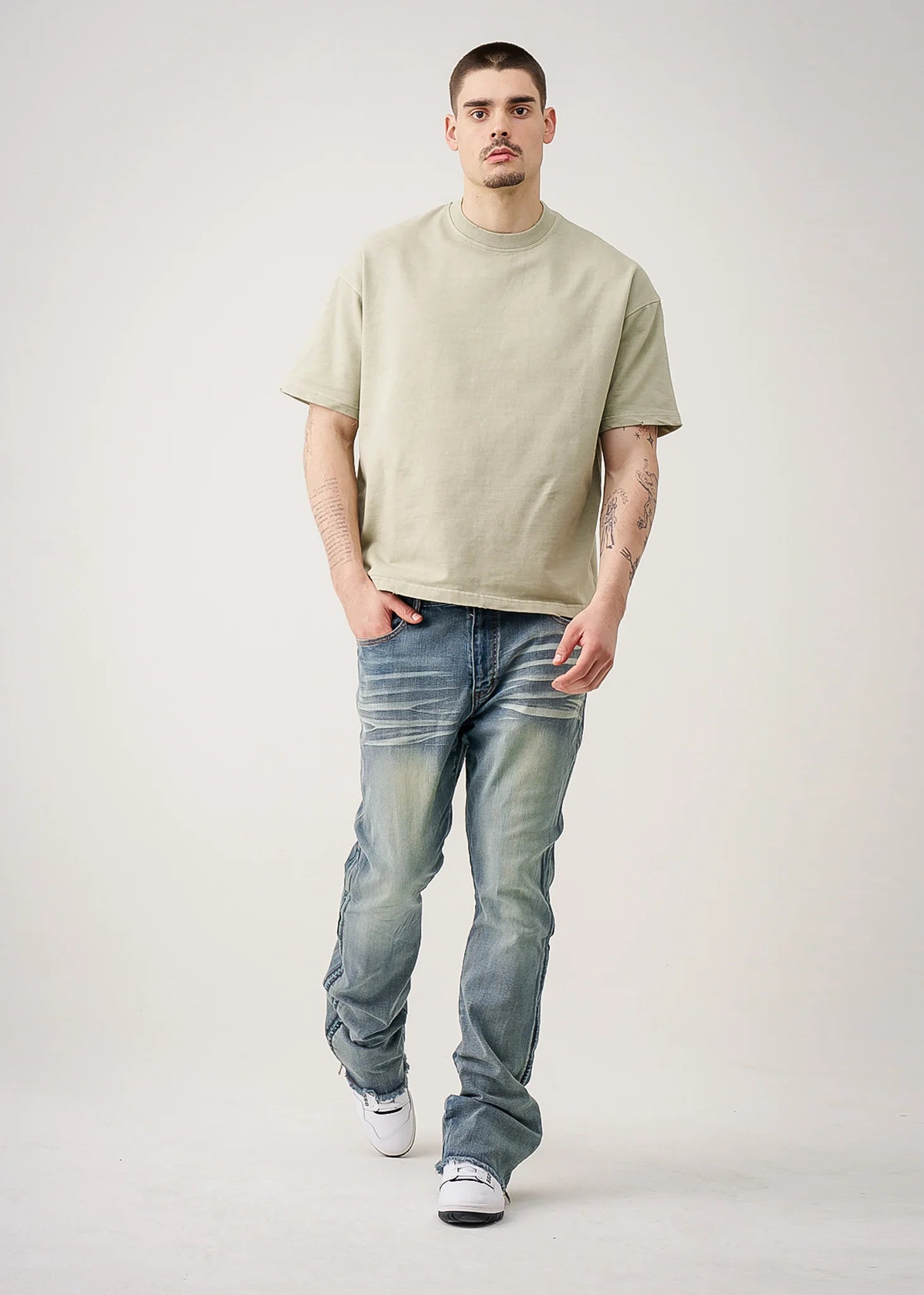 10 OZ Khaki Oversized Garment Dye French Terry Distressed T-Shirt