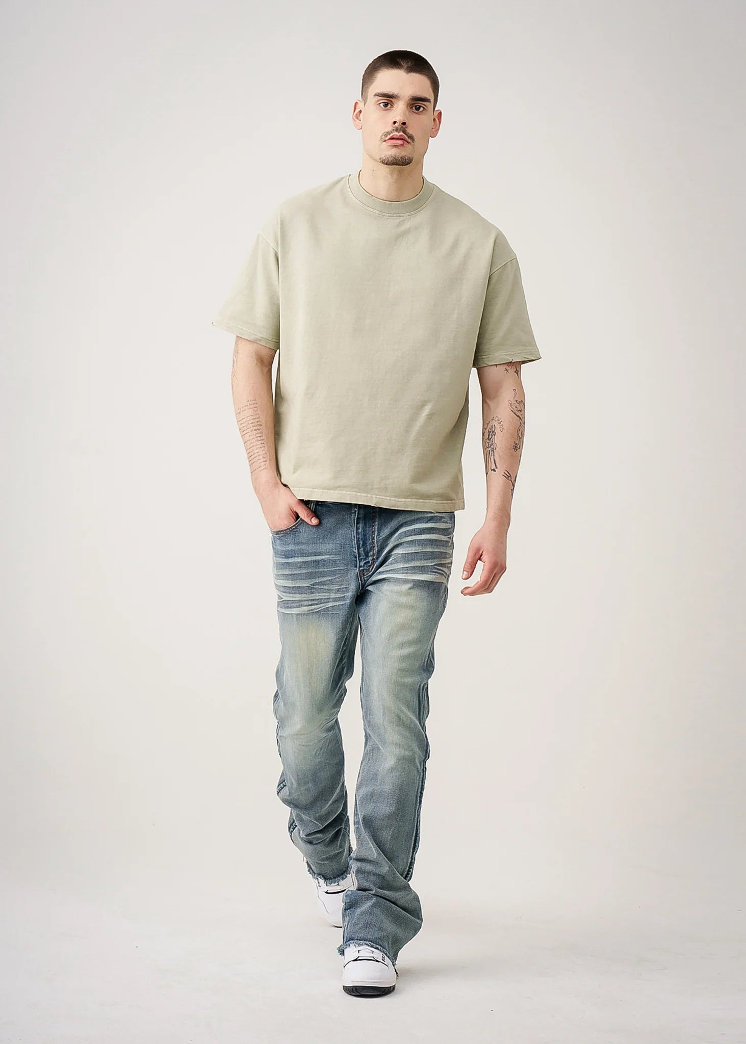 10 OZ Khaki Oversized Garment Dye French Terry Distressed T-Shirt