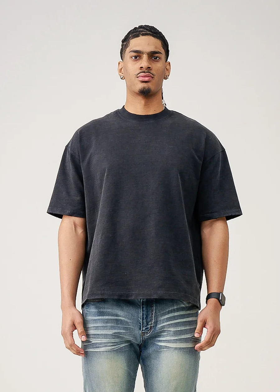 10 OZ Black Oversized Garment Dye French Terry Distressed T-Shirt