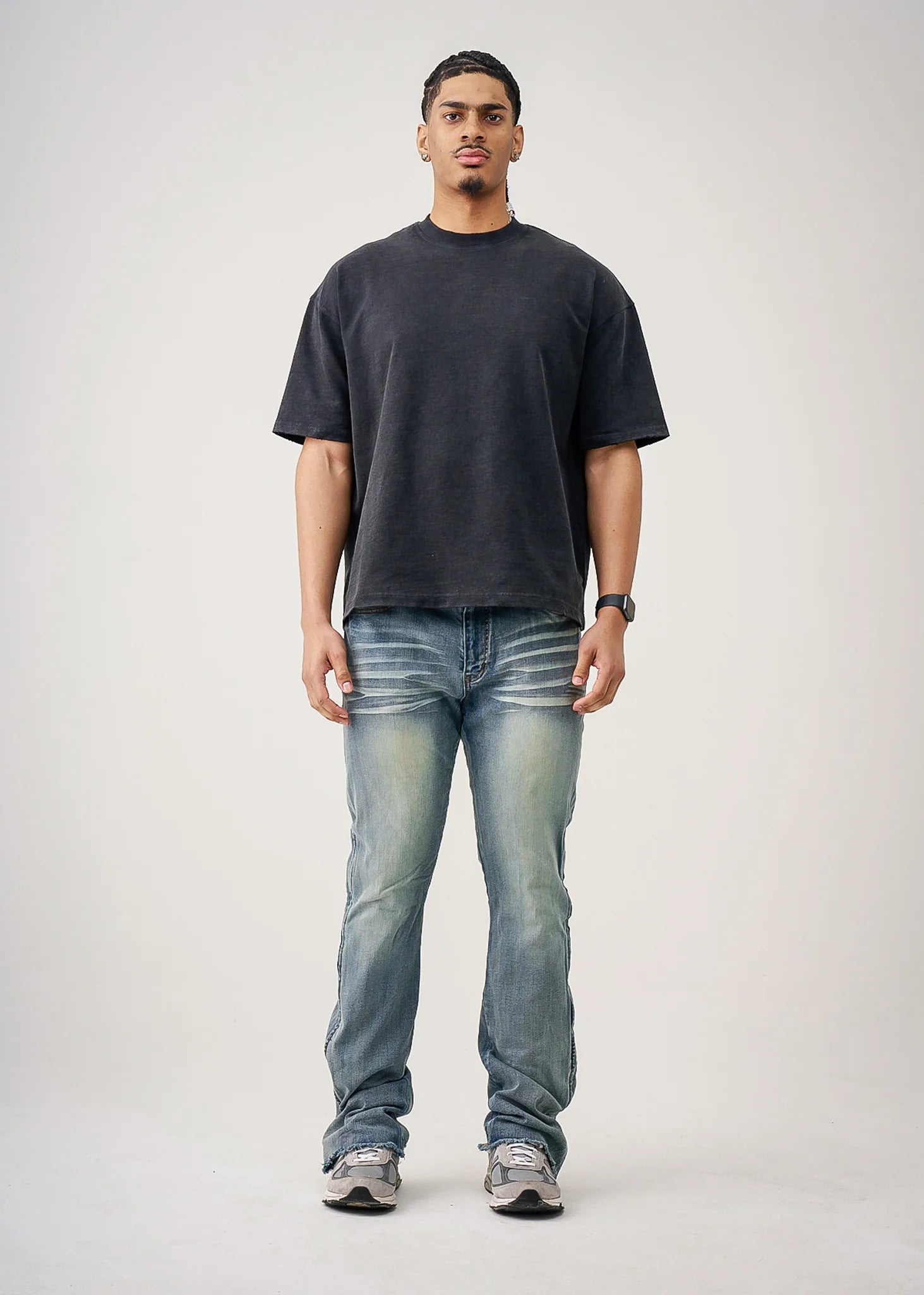 10 OZ Black Oversized Garment Dye French Terry Distressed T-Shirt