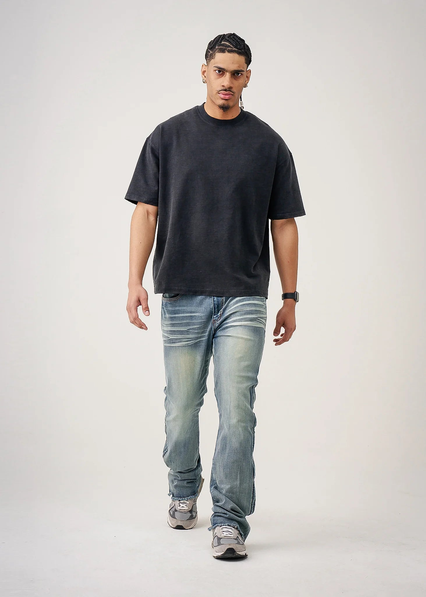 10 OZ Black Oversized Garment Dye French Terry Distressed T-Shirt