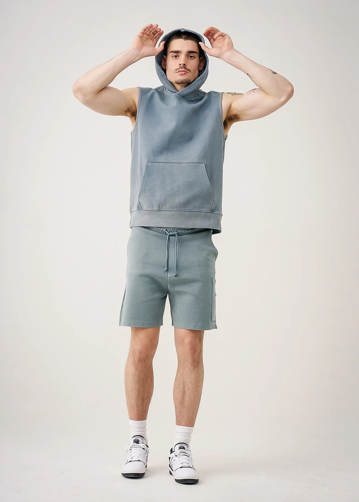 Sage 14 Ounce Sleeveless Garment Dye Interlock Hooded Short Set