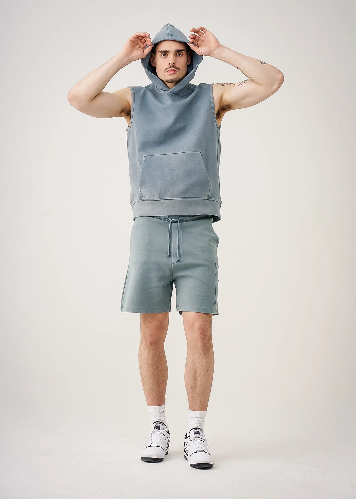 Sage 14 Ounce Sleeveless Garment Dye Interlock Hooded Short Set