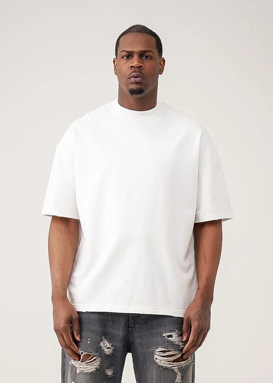 10 OZ White Oversized Garment Dye French Terry Distressed T-Shirt