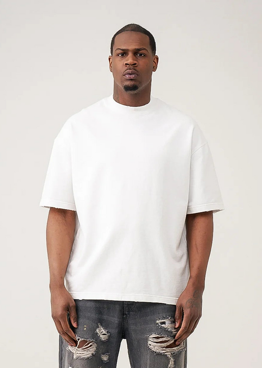 10 OZ White Oversized Garment Dye French Terry Distressed T-Shirt