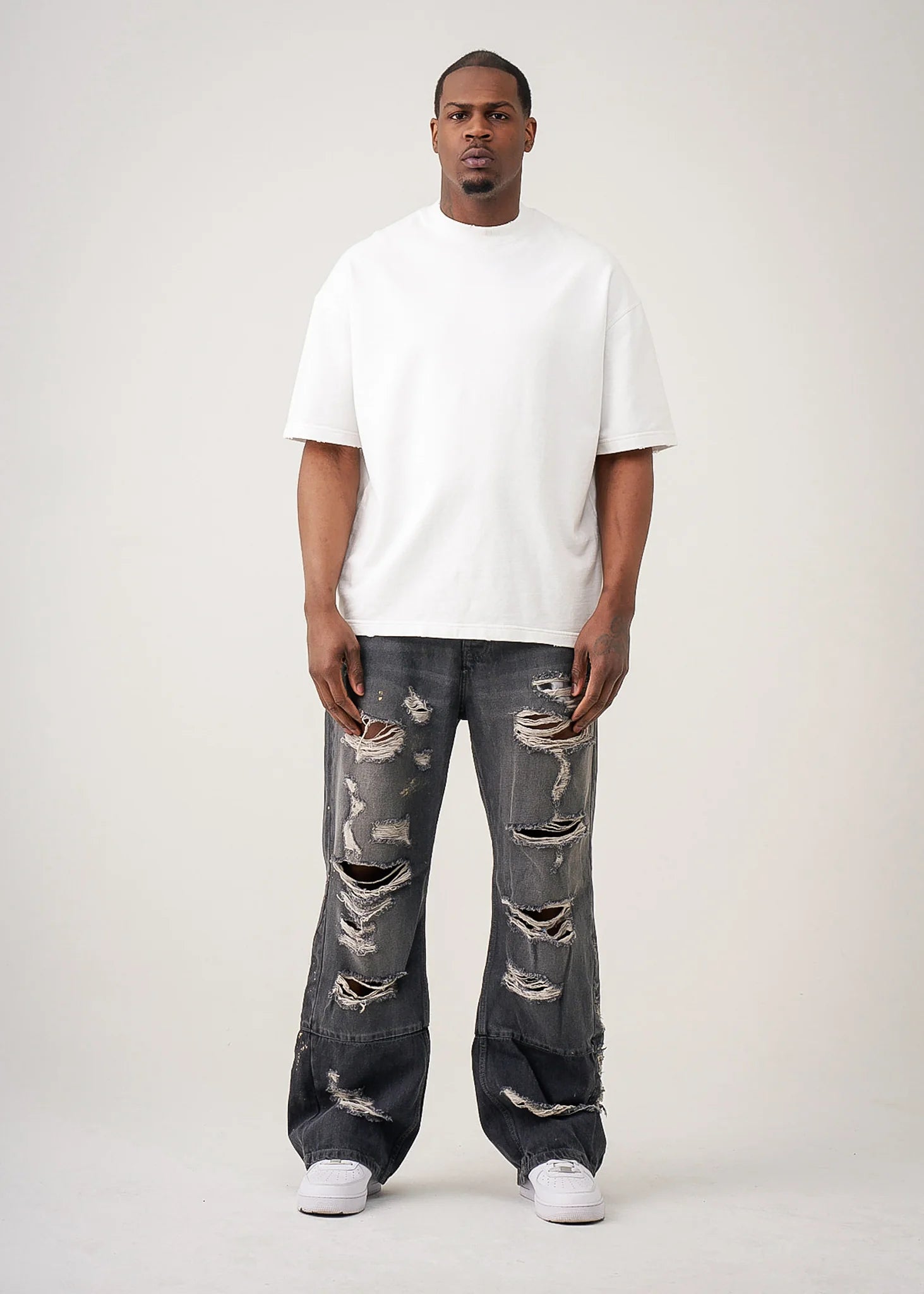 10 OZ White Oversized Garment Dye French Terry Distressed T-Shirt