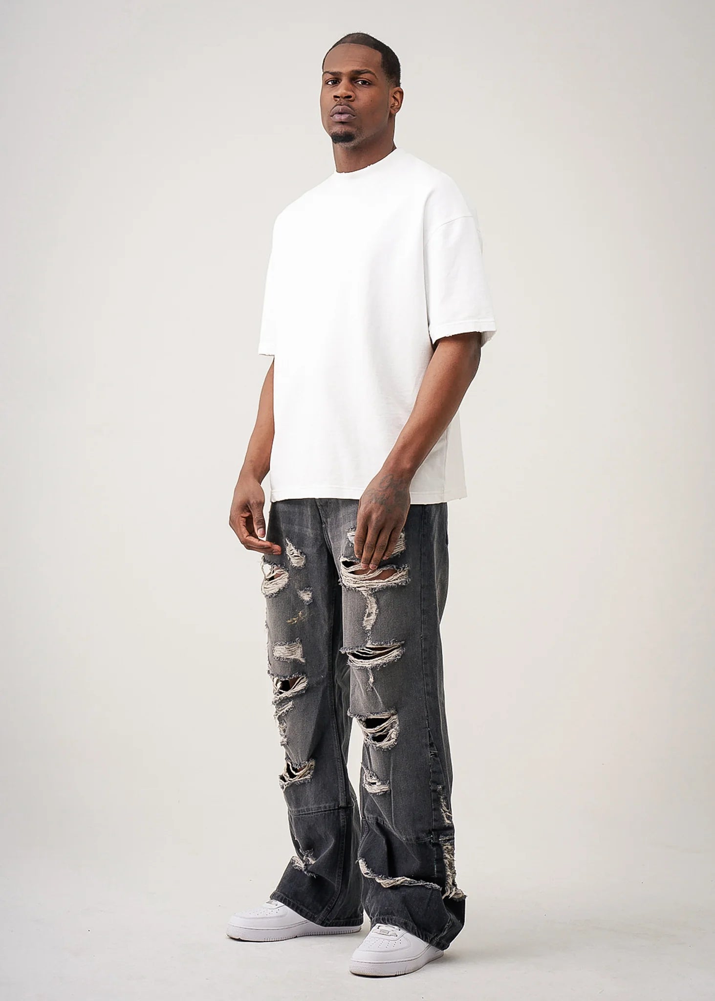 10 OZ White Oversized Garment Dye French Terry Distressed T-Shirt