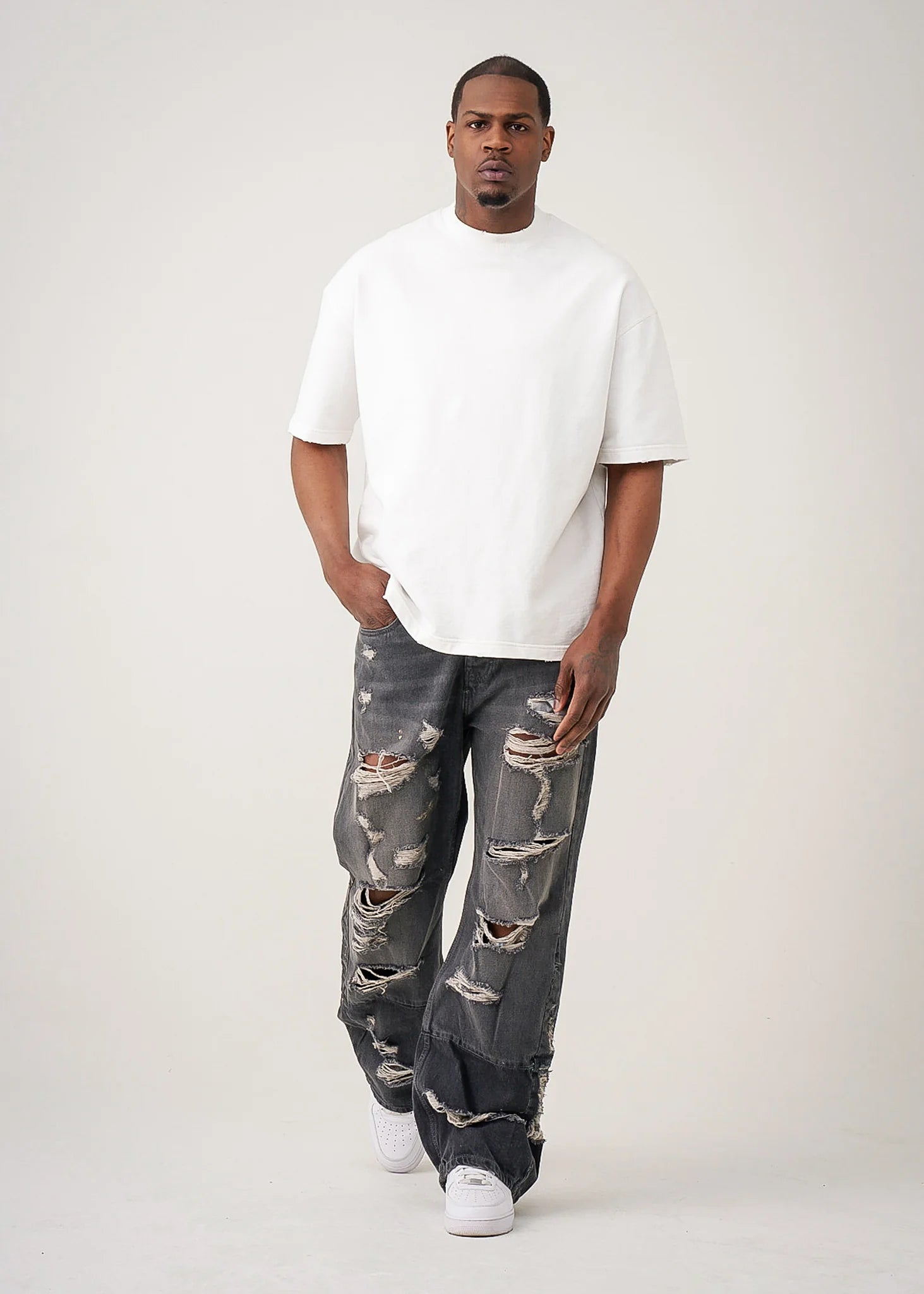 10 OZ White Oversized Garment Dye French Terry Distressed T-Shirt
