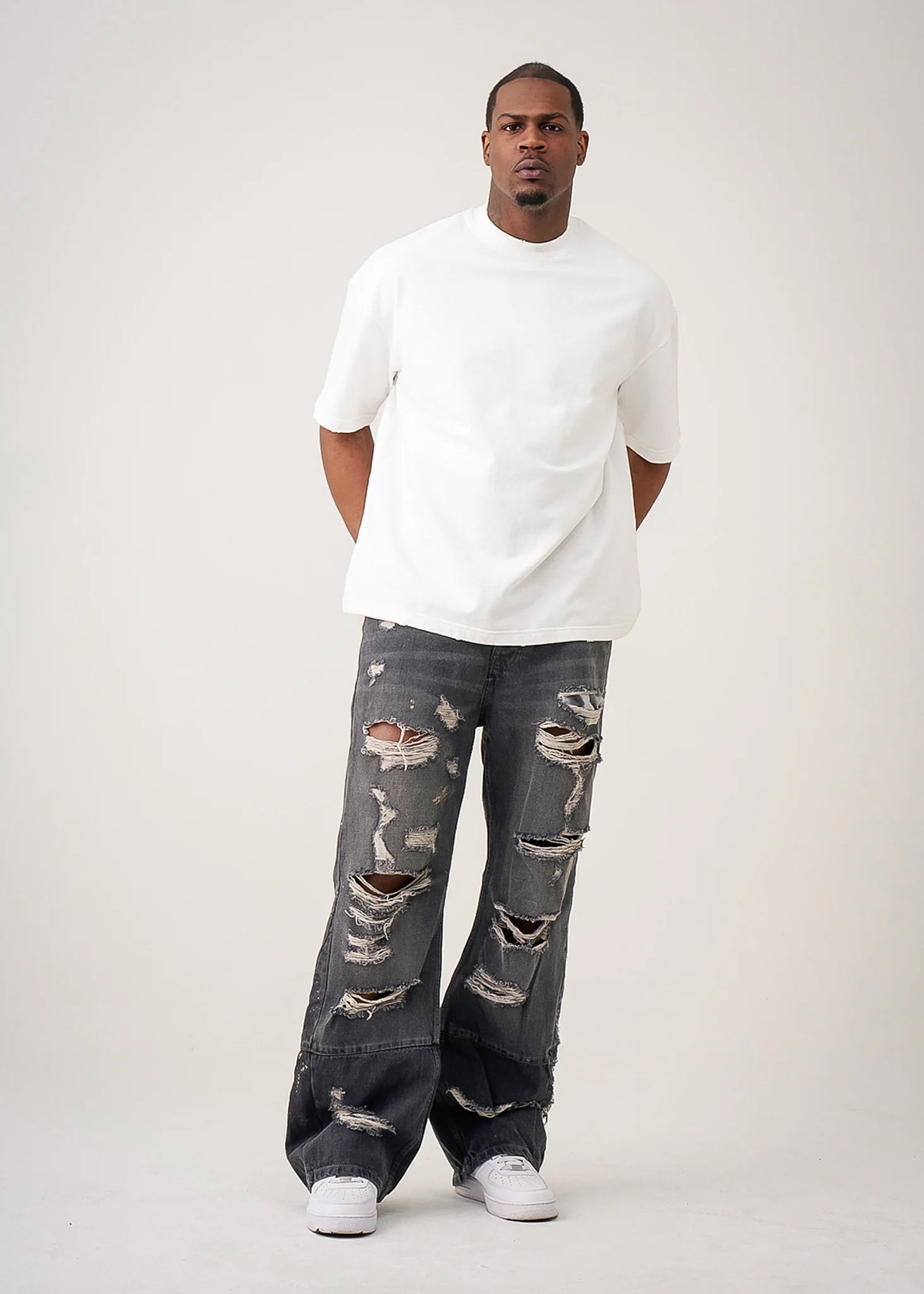 10 OZ White Oversized Garment Dye French Terry Distressed T-Shirt