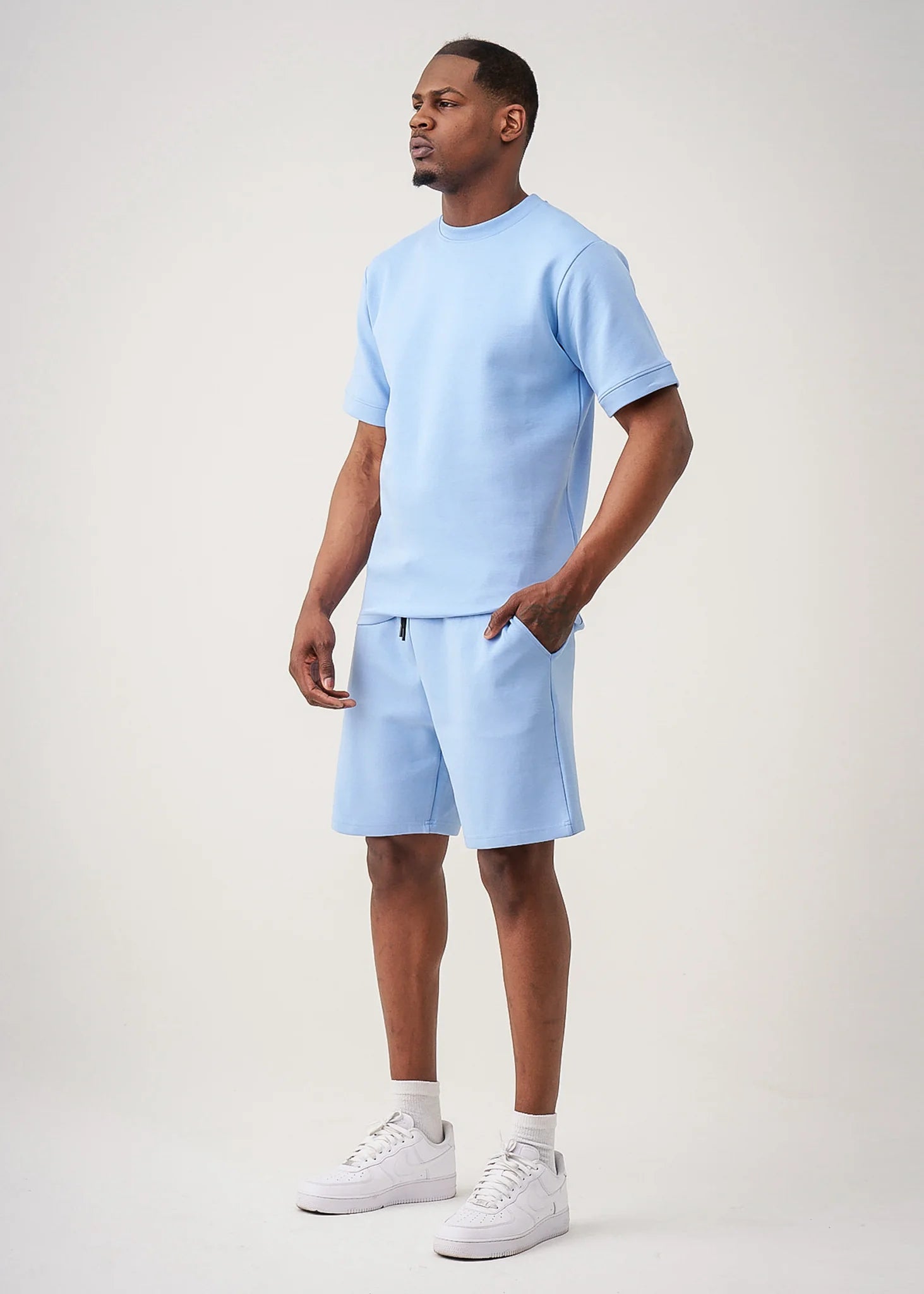 12 OZ Sky Blue Heatguard Interlock Lycra T-Shirt Short Set