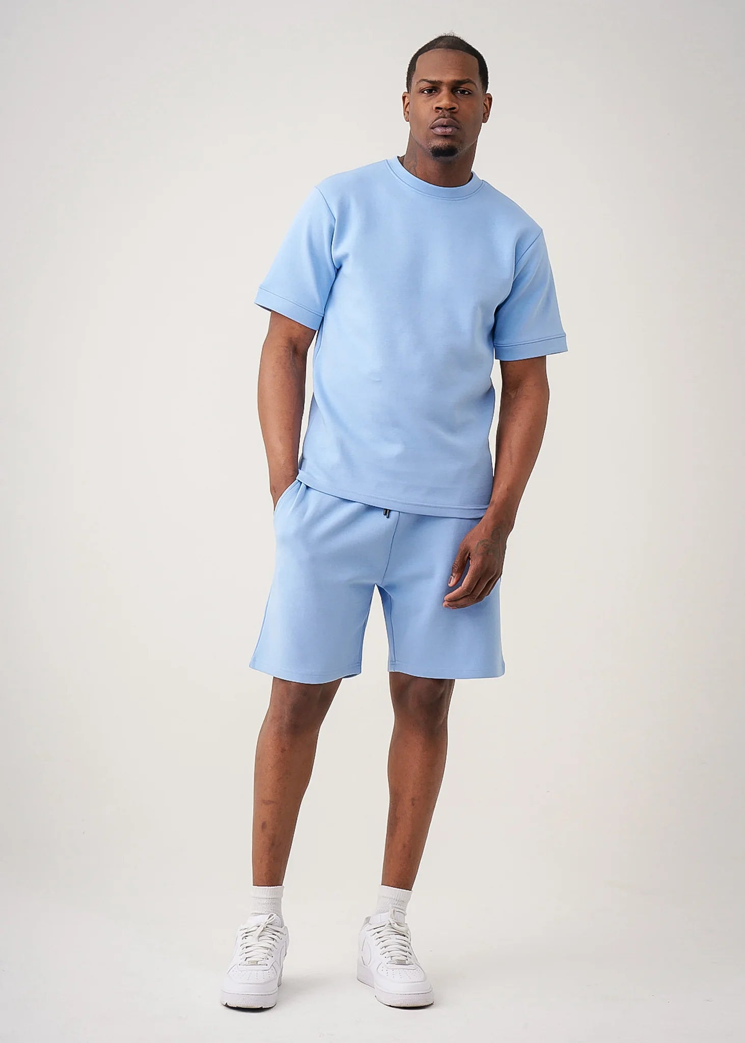 12 OZ Sky Blue Heatguard Interlock Lycra T-Shirt Short Set