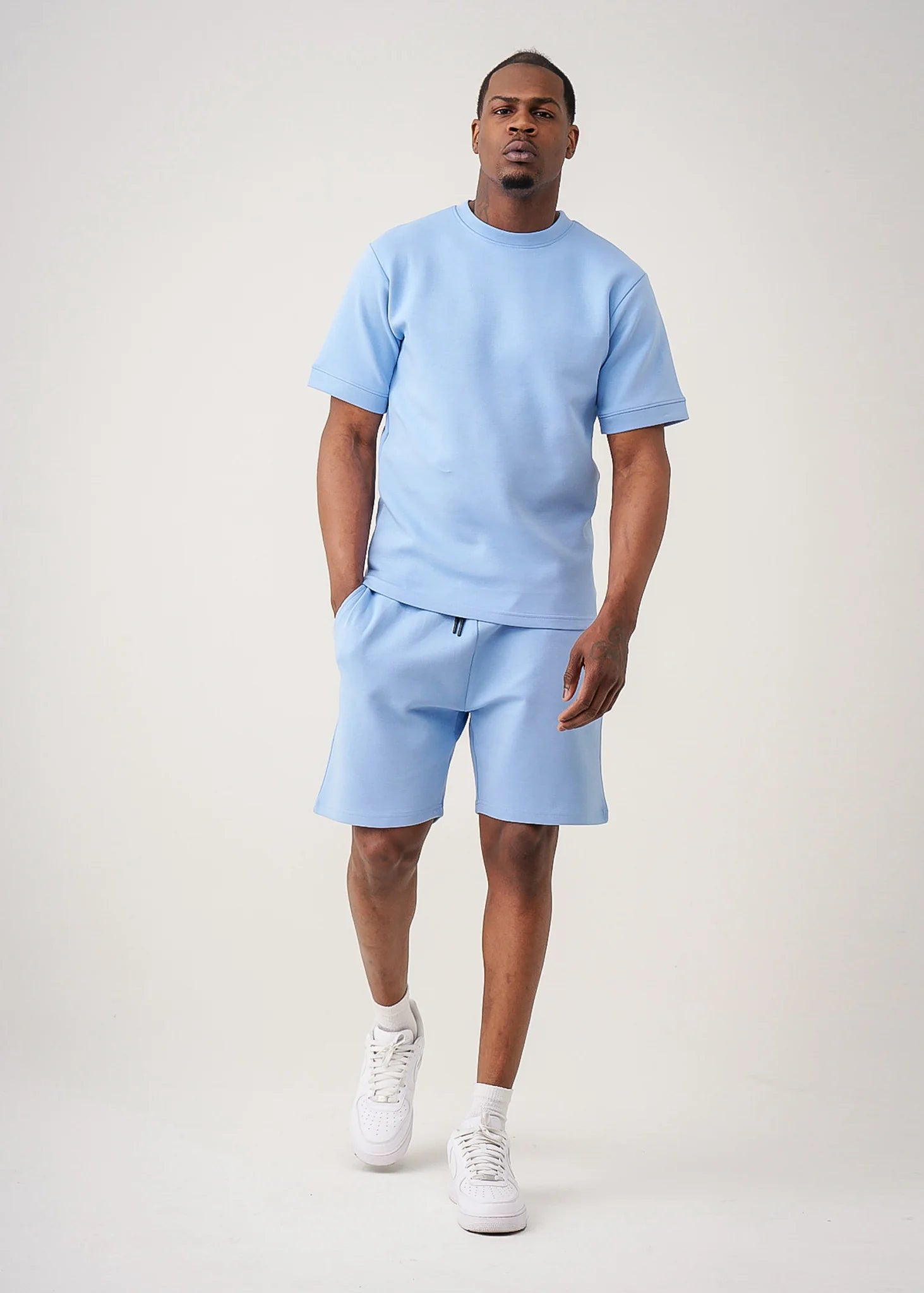 12 OZ Sky Blue Heatguard Interlock Lycra T-Shirt Short Set
