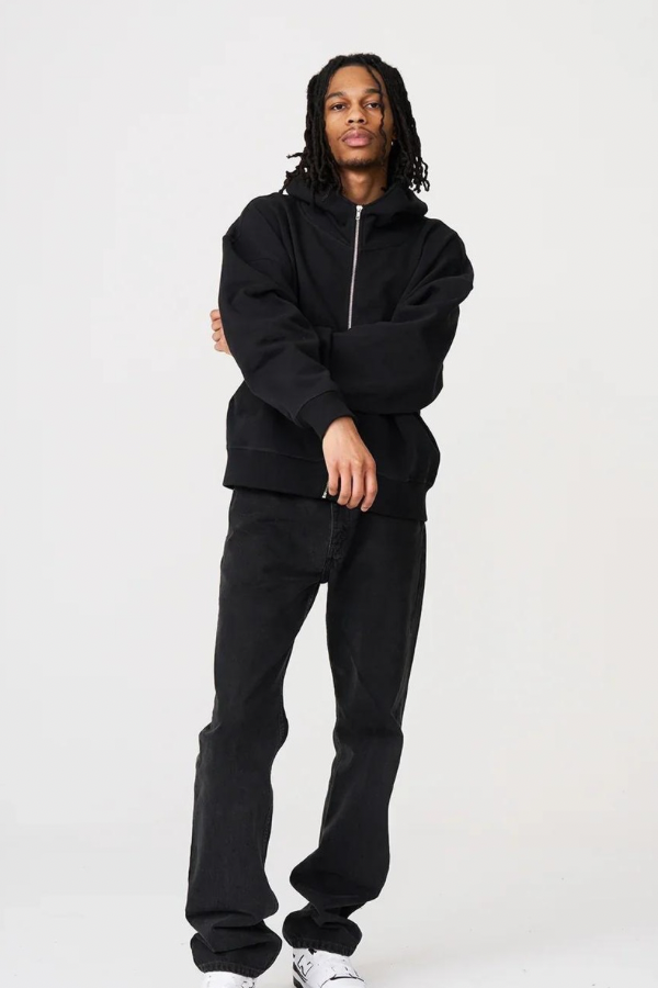 14 OZ Black Full-Zip Fleece Hoodie