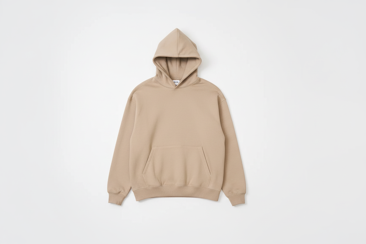 Beige 14 OZ Oversized Urban Hoodie Luxury Flat Lay Front View