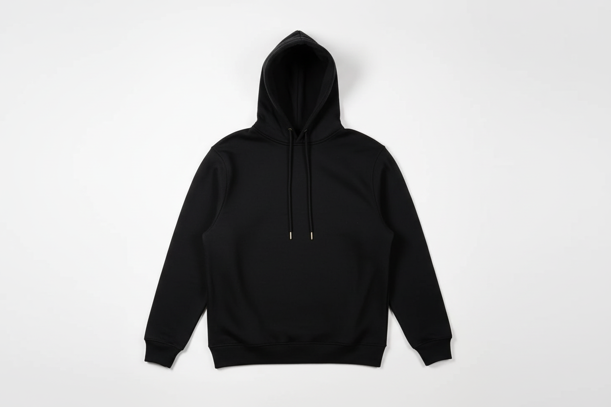 Black 12 OZ Tight Fleece Hoodie Luxury Flat Lay Back View