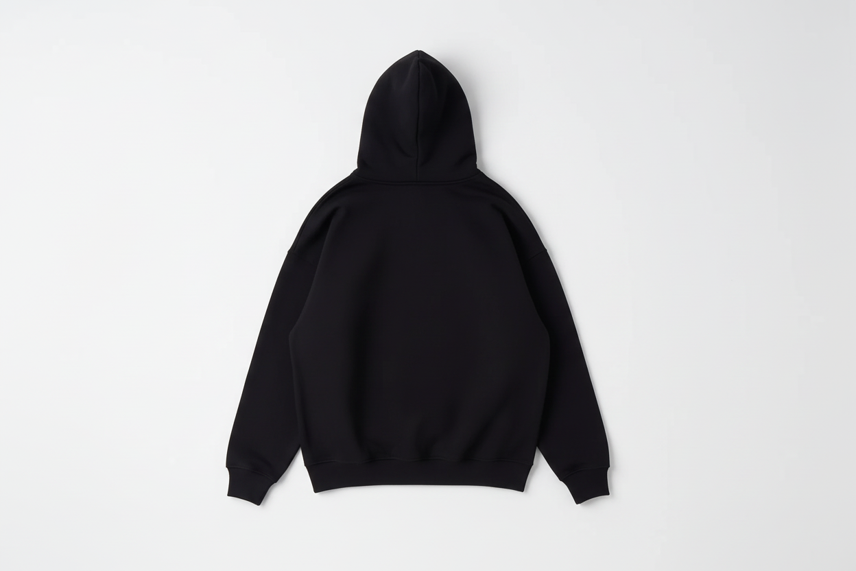 Black 14 OZ Drop Shoulder Oversized Hoodie Luxury Flat Lay Back View - Extreme Drop Shoulder