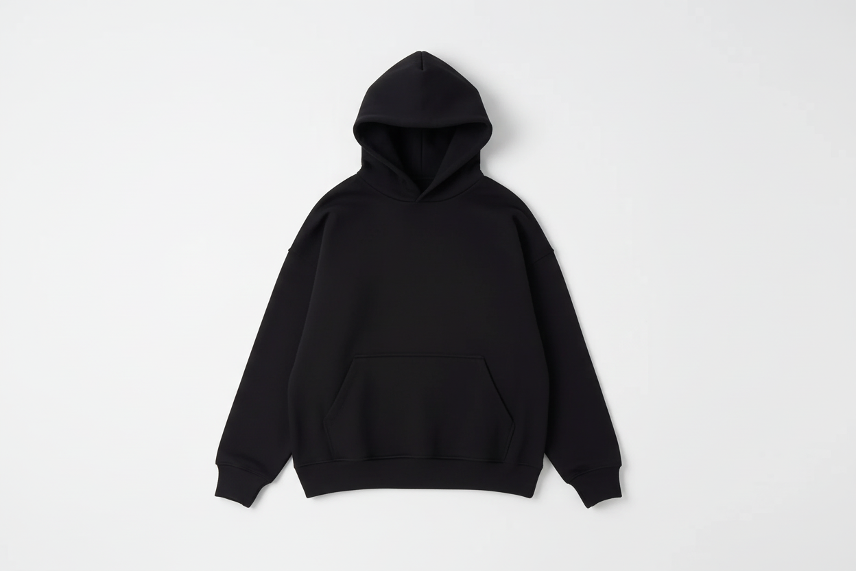 Black 14 OZ Drop Shoulder Oversized Hoodie Luxury Flat Lay Front View - Extreme Drop Shoulder
