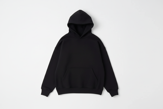 Black 14 OZ Drop Shoulder Oversized Hoodie Luxury Flat Lay Front View - Extreme Drop Shoulder