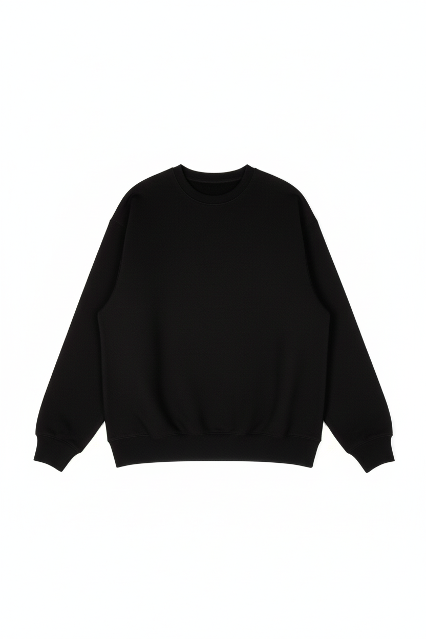 Black Crew Neck Flat Lay - Pure White Background
