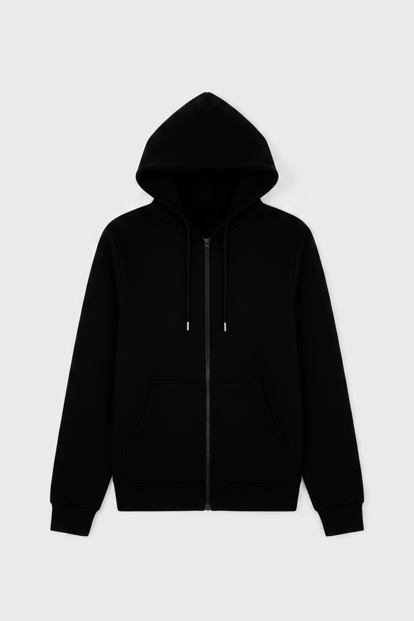 Black Zip-Up Hoodie — Consistent Flat Lay