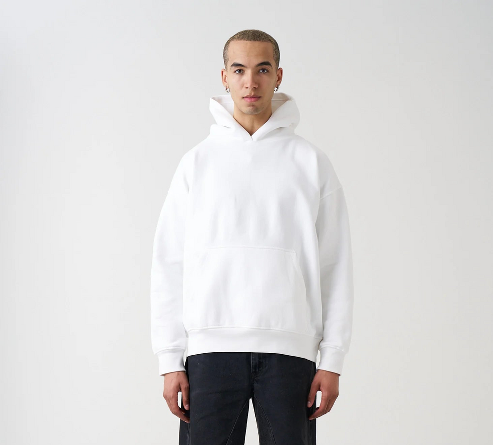 14 OZ White Drop Shoulder Basic Hoodie