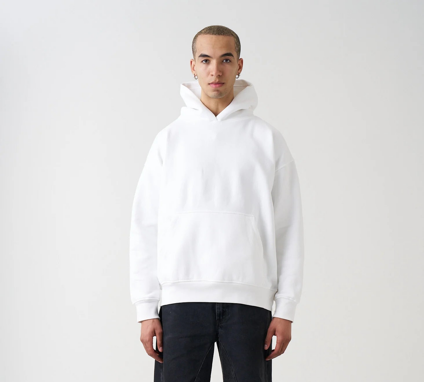 14 OZ White Drop Shoulder Basic Hoodie