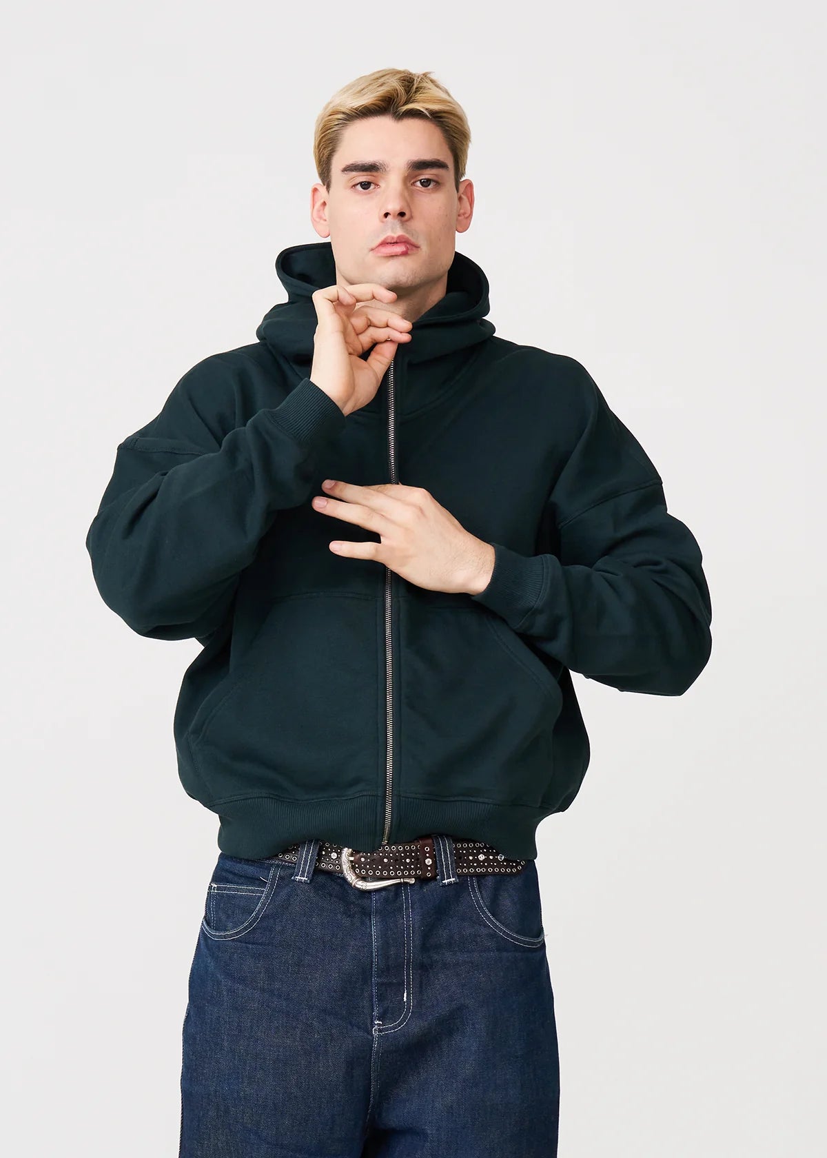 14 OZ Dark Green Full-Zip Fleece Hoodie