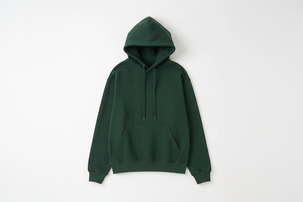 Hunter Green 10 OZ Hoodie Luxury Flat Lay Front View