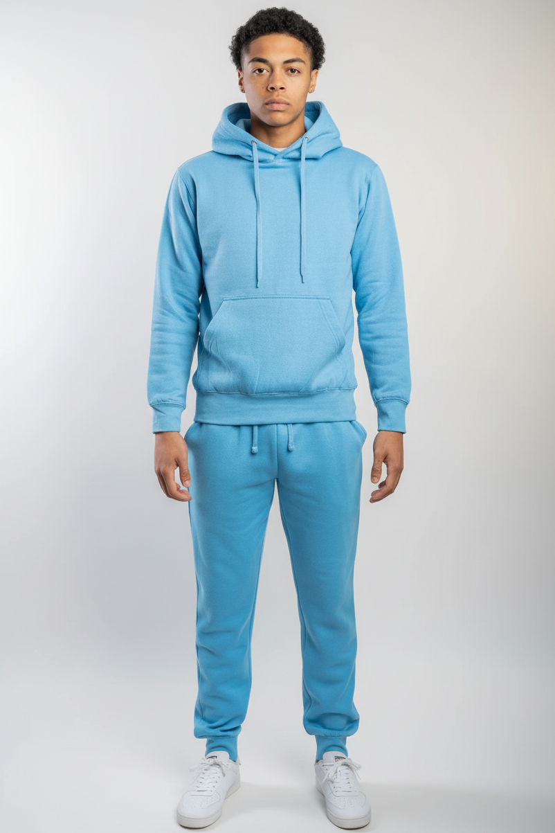Front view of sky blue fleece sweatsuit set