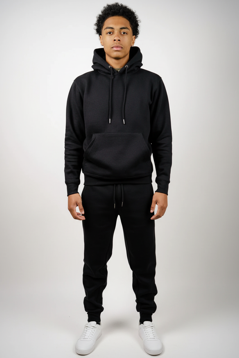 Front view of black fleece sweatsuit set