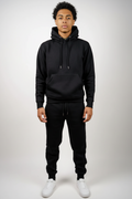 Front view of black fleece sweatsuit set