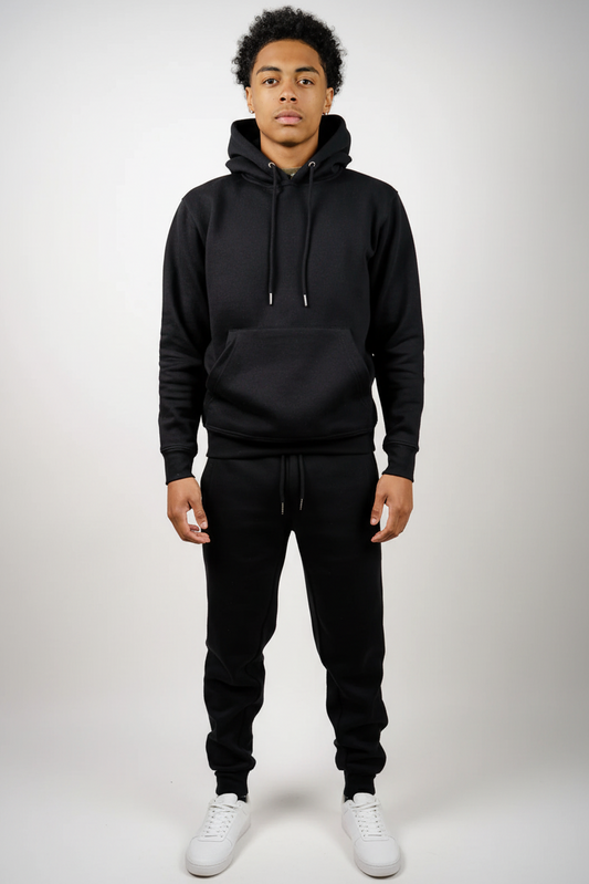 Front view of black fleece sweatsuit set
