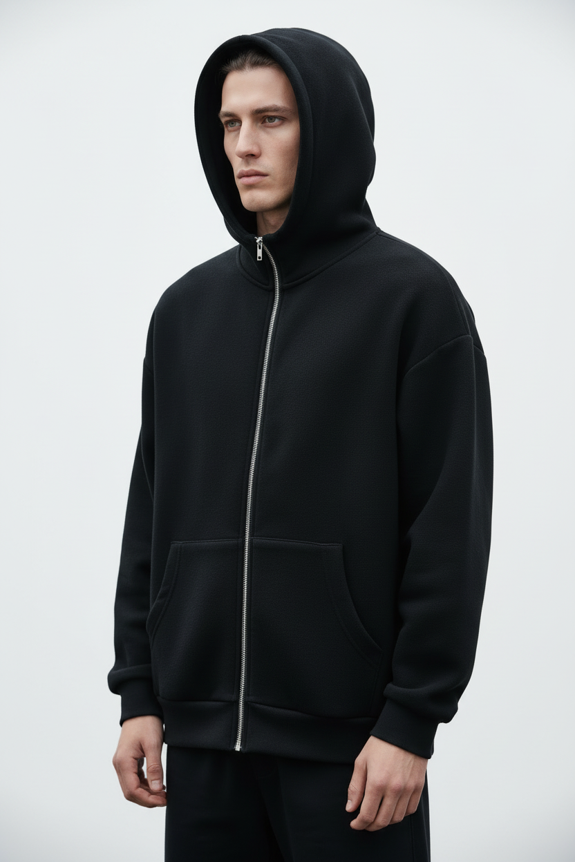 14 OZ Black Oversized Full-Zip Fleece Hoodie