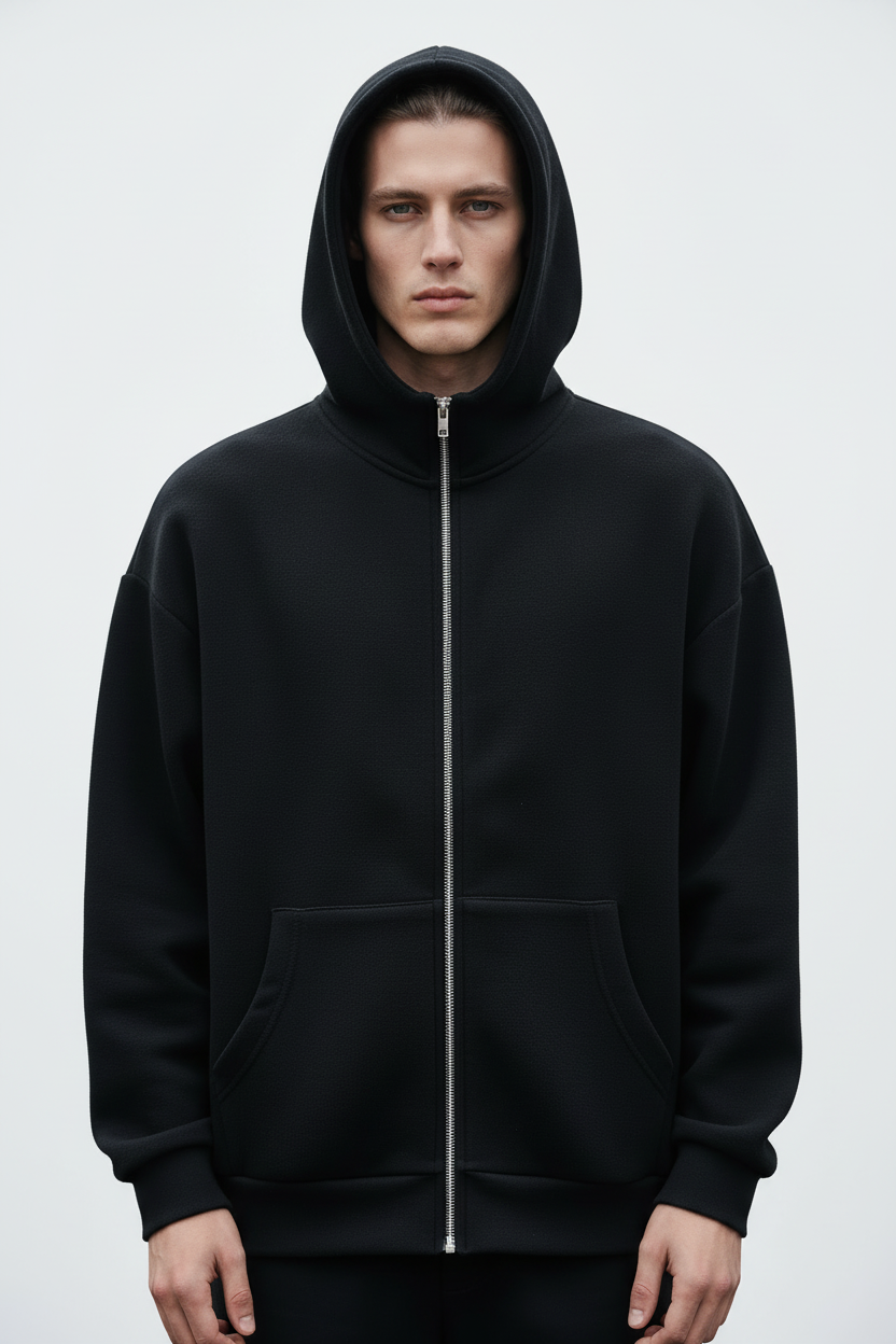 14 OZ Black Oversized Full-Zip Fleece Hoodie