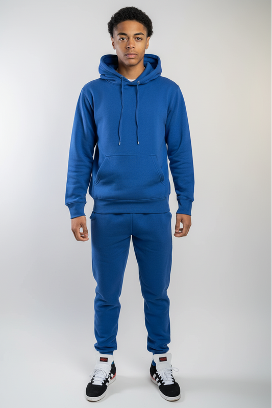 Front view of royal blue fleece sweatsuit set
