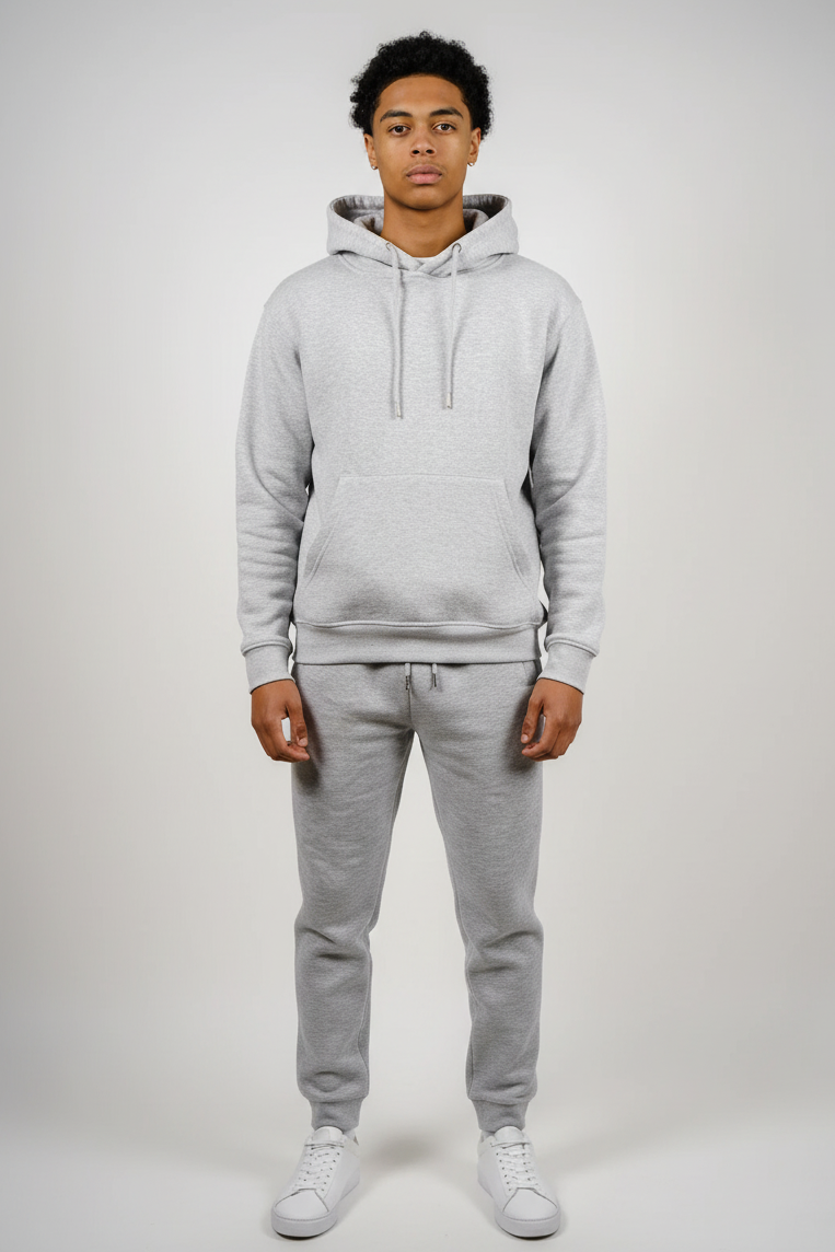 Front view of gray fleece sweatsuit set