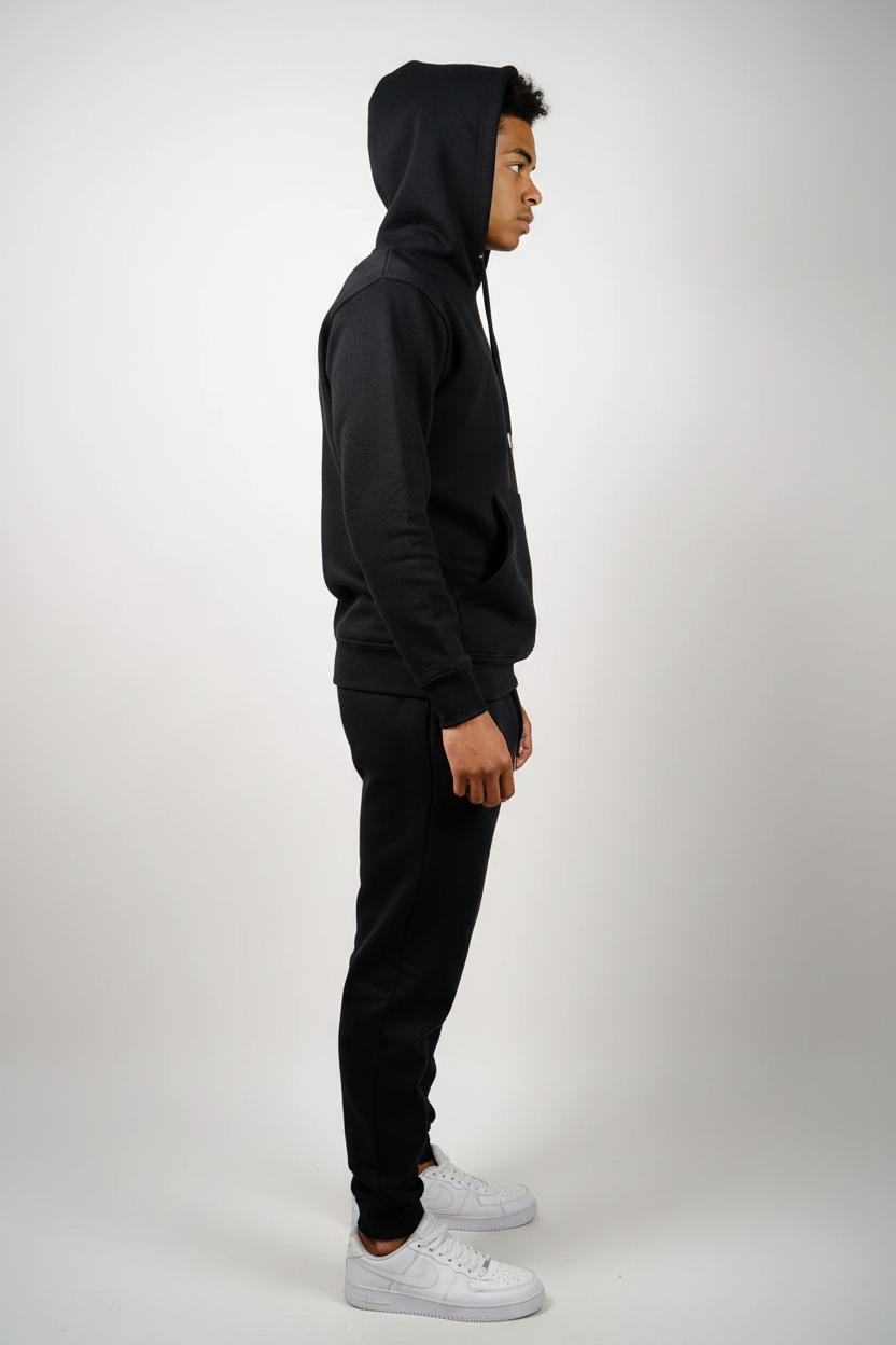 Side view of black fleece sweatsuit set