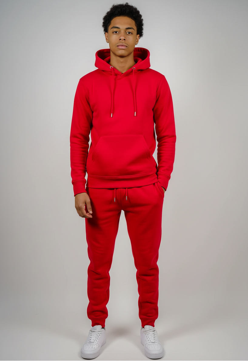 Front view of red fleece sweatsuit set