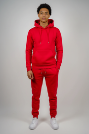 Front view of red fleece sweatsuit set