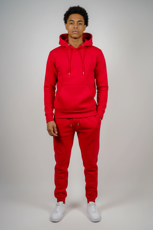 Front view of red fleece sweatsuit set