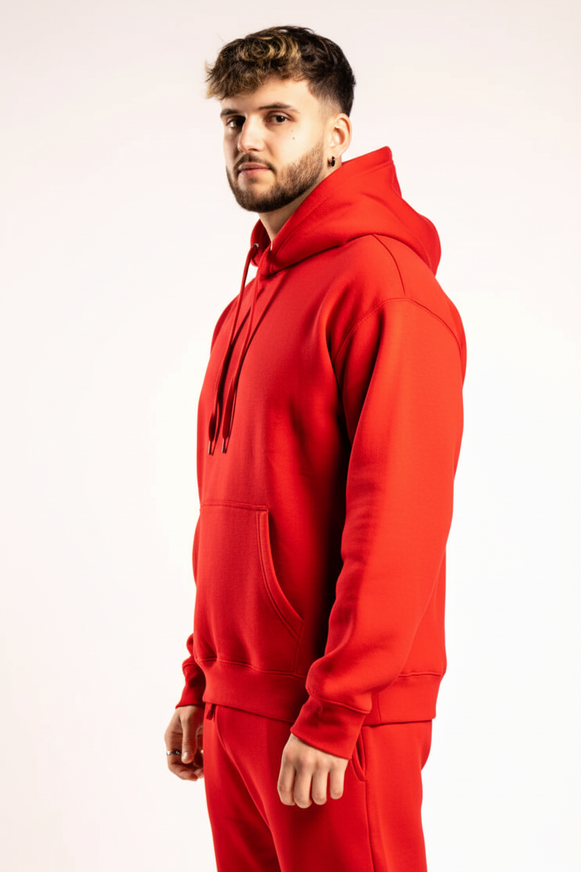 Side view of red 10 oz heavyweight fleece hoodie