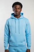 Front view of 10 OZ sky blue fleece hoodie on Black male model