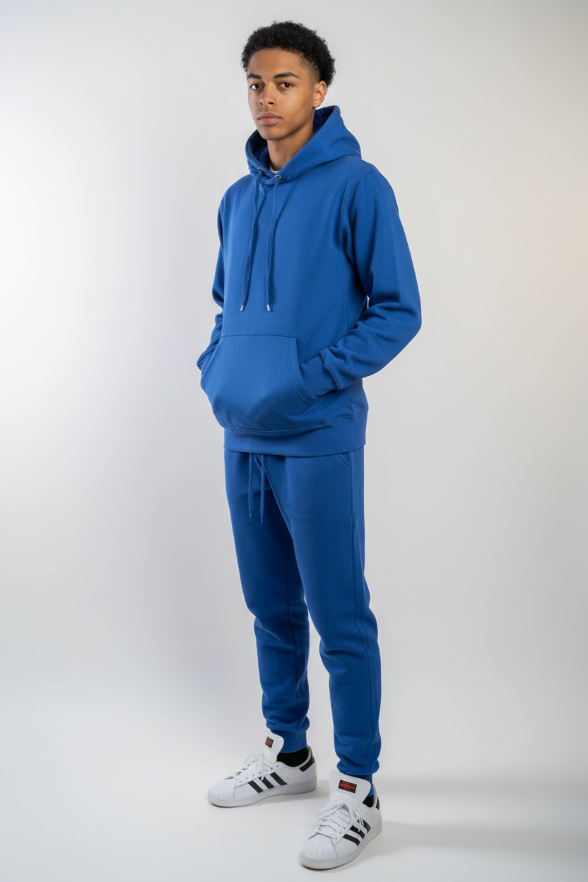 Three-quarter view of royal blue fleece sweatsuit set